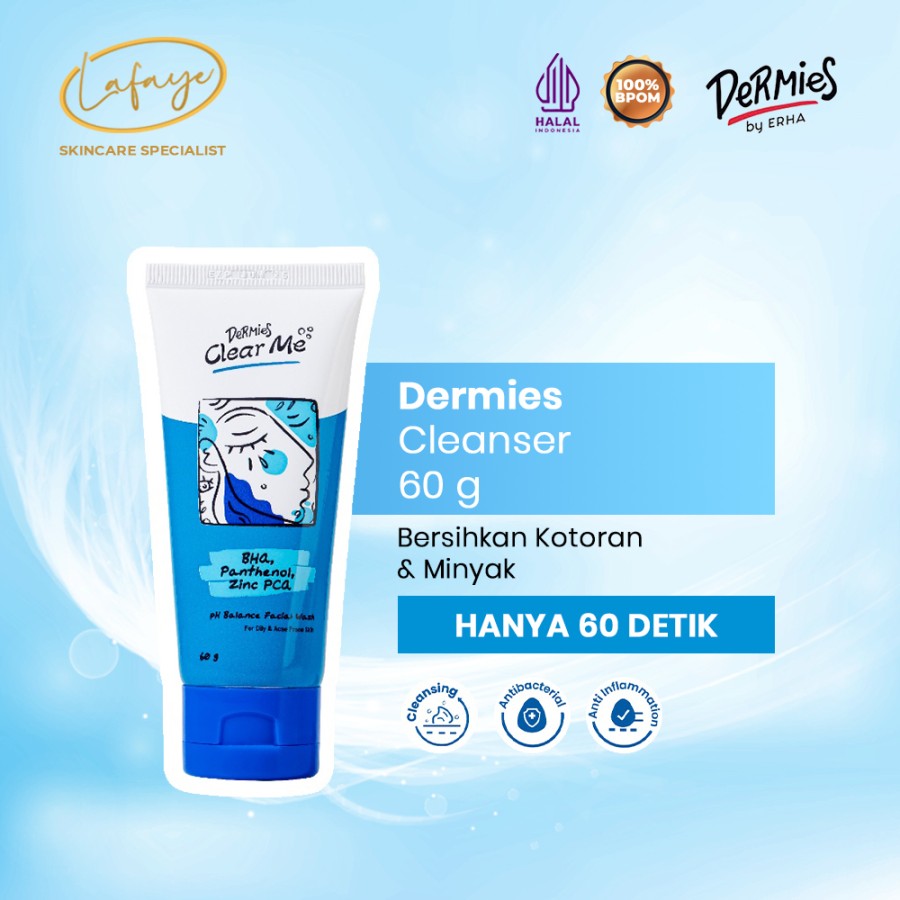 Dermies Clear Me Acne Facial Wash pH Balance 60gr – Sabun Pembersih Wajah Jerawat BHA, Panthenol Zinc